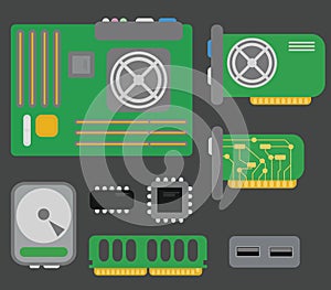 Vector collection of personal computer parts: motherboard, video