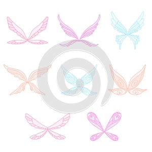 Vector collection of pink, blue and purple fairy s magic wings. Decorative elements for children s book, postcard, print