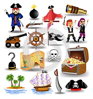 Vector collection of pirates clip arts, like treasure chest, ship wheel, pistol