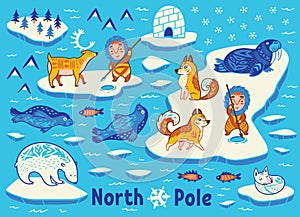 Vector collection of polar animals, eskimos and yurt