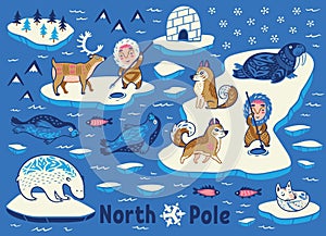 Vector collection of polar animals, eskimos and yurt