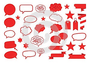 Red communication elements: speech, thought bubbles, stars, ribbons, tags