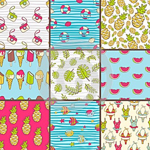 Vector collection of seamless summer patterns. Bright cute carto