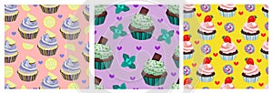 Vector collection,set of beatiful seamless patterns, prints. Nice cupcake, cake, muffin,dessert.   Pink, violet and yellow backgro