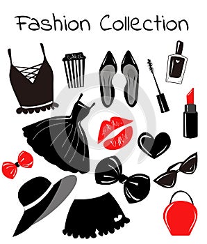 Vector  collection, set, with fashion girls accesories,items Sketch, monochrome clip art. Stylish prints.