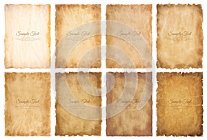 Vector collection set old parchment paper sheet vintage aged or texture isolated on white background