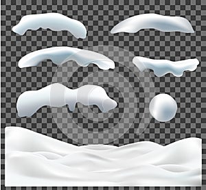 Vector collection of snow caps, pile, icicles, ice, snowball and snowdrift isolated on transparent background