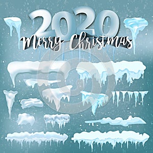 2020 Vector collection of snow caps, pile, icicles, isolated on background, transparent, ice, snowball and snowdrift. 3d Winter