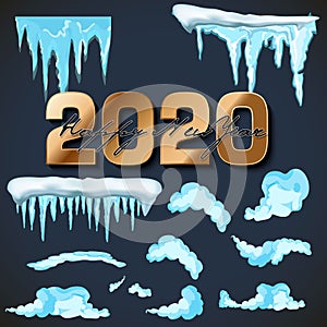 2020 Vector collection of snow caps, pile, icicles, isolated on background, transparent, ice, snowball and snowdrift. 3d Winter