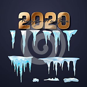 2020 Vector collection of snow caps, pile, icicles, isolated on background, transparent, ice, snowball and snowdrift. 3d Winter