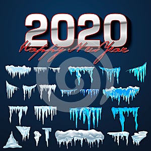 2020 Vector collection of snow caps, pile, icicles, isolated on background, transparent, ice, snowball and snowdrift. 3d Winter
