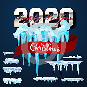 2020 Vector collection of snow caps, pile, icicles, isolated on background, transparent, ice, snowball and snowdrift. 3d Winter