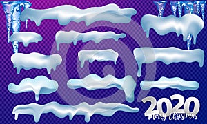 2020 Vector collection of snow caps, pile, icicles, isolated on background, transparent, ice, snowball and snowdrift. 3d Winter