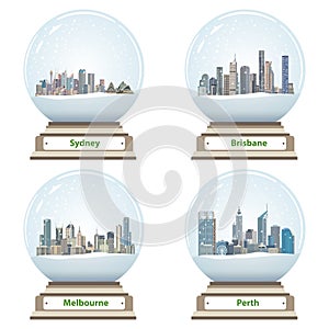 Vector collection of snow globes with australian city skylines