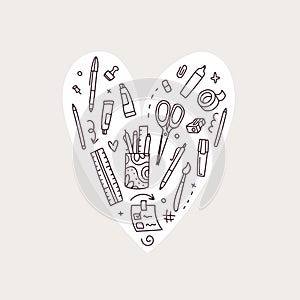 Vector collection of stationery items. Set of school or office supplies in doodle style in heart shape. Line style