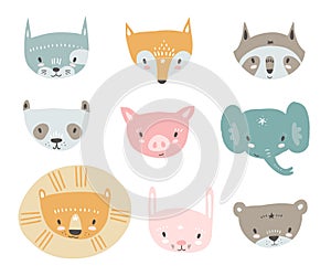 Vector collection with tiny animal faces. Emoji. Cat, fox, racco