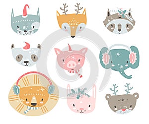 Vector collection with tiny animal faces in winter costumes. Emo