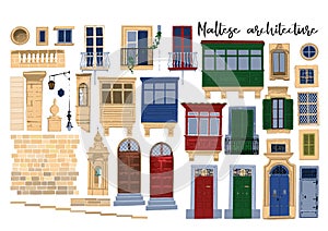 Vector collection of traditional maltese architectural elements with various decorations and colors photo