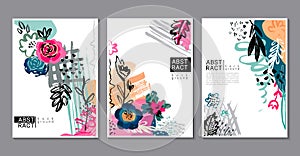 Vector collection of trendy creative cards with hand drawn floral elements, flowers and palnts and different textures.