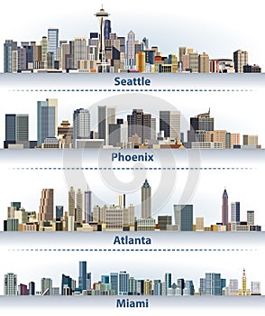 Vector collection of United States city skylines: Seattle, Phoenix, Atlanta and Miami