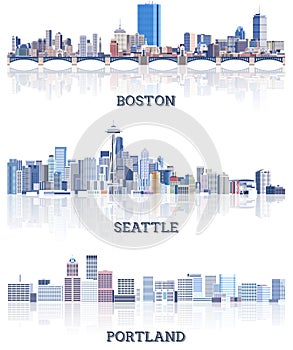 Vector collection of United States cityscapes: Boston, Seattle, Portland skylines in tints of blue color palette. Ð¡rystal
