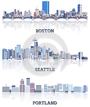 Vector collection of United States cityscapes: Boston, Seattle, Portland skylines in tints of blue color palette. ÃÂ¡rystal photo