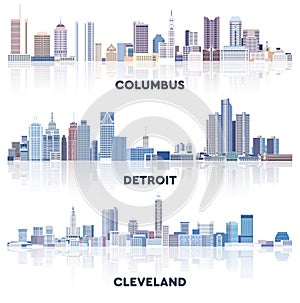 Vector collection of United States cityscapes: Columbus, Detroit, Cleveland skylines in tints of blue color palette. Ð¡rystal