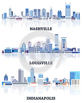 Vector collection of United States cityscapes: Nashville, Louisville, Indianapolis skylines in tints of blue color palette. Ð¡