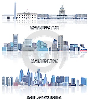 Vector collection of United States cityscapes: Washington, Baltimore, Philadelphia skylines in tints of blue color palette. Ð¡