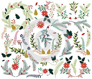 Vector Collection of Vintage Style Hand Drawn Christmas Holiday Florals