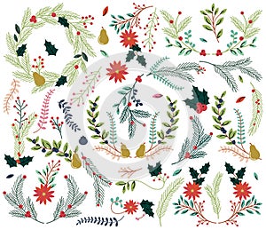 Vector Collection of Vintage Style Hand Drawn Christmas Holiday Florals photo