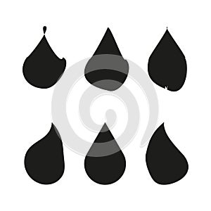 Vector collection of water drops. Various shapes of black droplets. Fluid or liquid icon set.