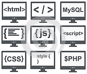 vector collection of web development icons: html, css, tag, mysql, curves, php, script, style, javascript - isolated on white