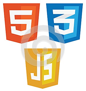 Vector collection of web development shield signs: html5, css3 a