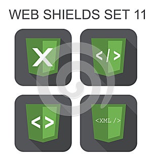 Vector collection of xml web development shield signs: xml, tag