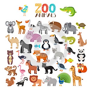 Vector collection of Zoo animals. Set of cute cartoon animals