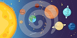 Vector Color Cartoon Illustration - Solar System with Sun and all Planets
