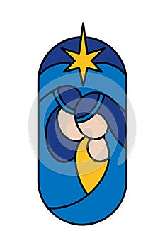 Vector color Christmas Christian religious Nativity Scene of baby Jesus with Mary, Joseph and star in round. Logo icon