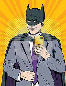 Vector color comic pop art style illustration of a handsome guy in a superhero costume making a selfie