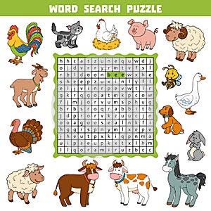 Vector color crossword about farm animals. Word search puzzle photo