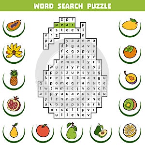 Vector color crossword about fruits. Word search puzzle