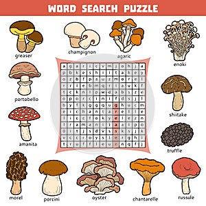 Vector color crossword about mushrooms. Word search puzzle