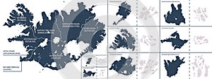 Vector color detailed map of Iceland with the administrative divisions of the country, each Regions is presented separately and