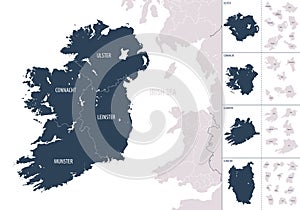 Vector color detailed map of Ireland with administrative divisions of the country, each provinces is presented separately in-