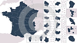 Vector color detailed map of metropolis and overseas territories of France  with administrative divisions of the country, each