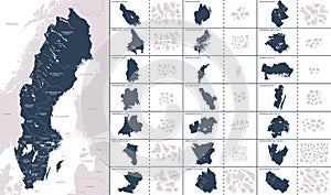 Vector color detailed map of Sweden with the administrative divisions of the country, each Regions is presented separately and