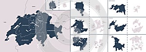 Vector color detailed map of Switzerland with the administrative divisions of the country, each regions is presented separately