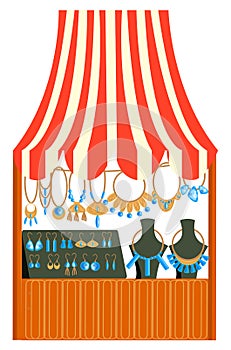 Vector color, flat illustration of a market stall where jewelry is sold