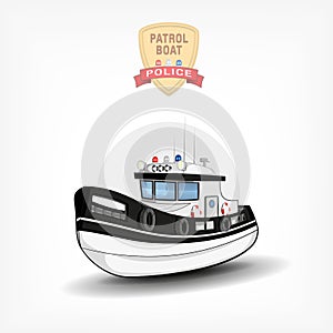 Vector color handdrawn illustration of a police boat. Side view.