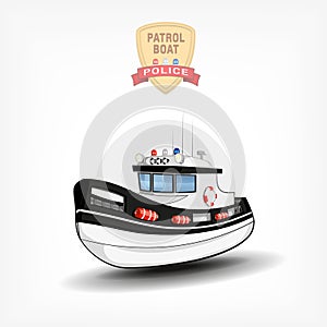 Vector color handdrawn illustration of a police boat. Side view.